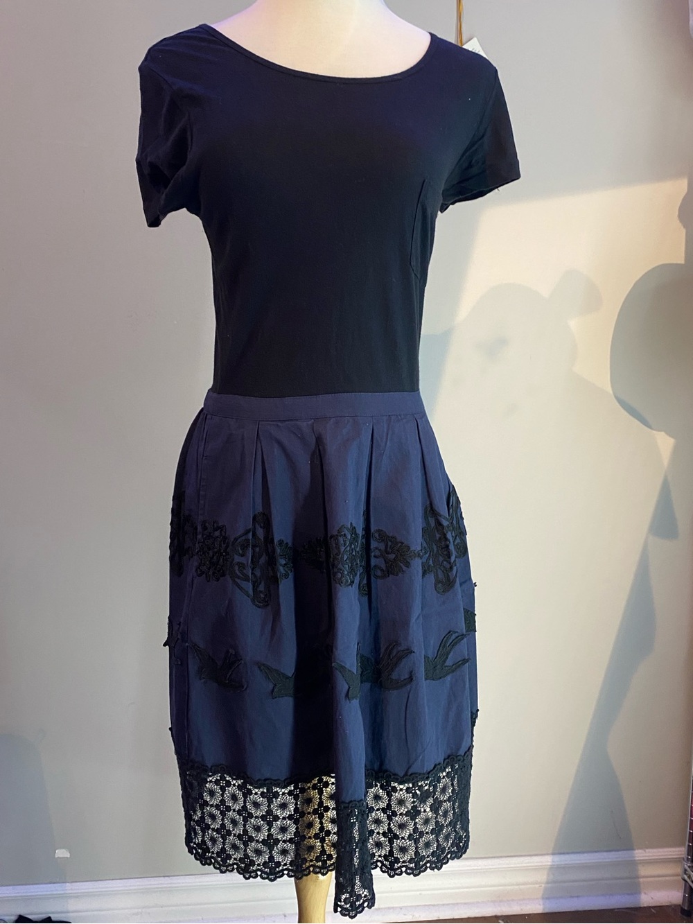 Anthropologie Leifnotes Flyaway Bird Embroidered Dress With Midi Lace Trim Skirt